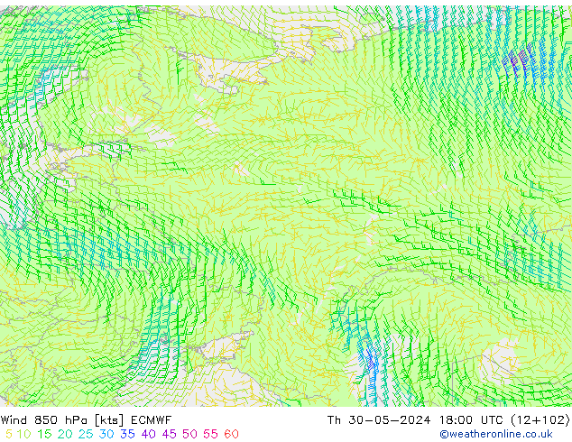 Wind 850 hPa ECMWF do 30.05.2024 18 UTC