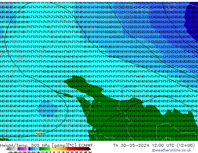 Z500/Rain (+SLP)/Z850 ECMWF Do 30.05.2024 12 UTC