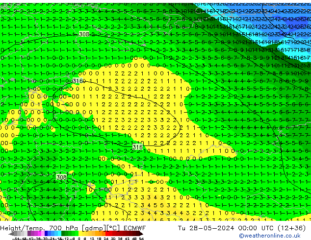 Height/Temp. 700 hPa ECMWF Út 28.05.2024 00 UTC