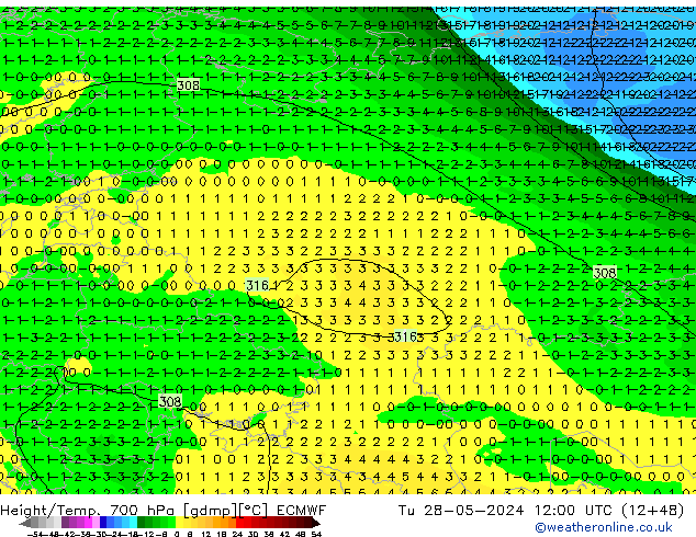 Height/Temp. 700 hPa ECMWF wto. 28.05.2024 12 UTC