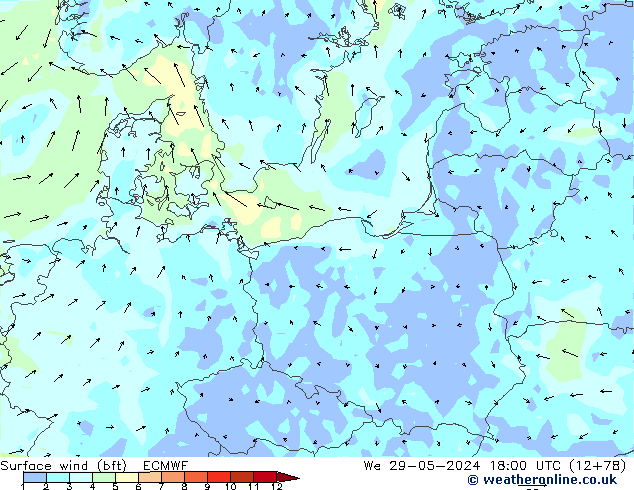 Vento 10 m (bft) ECMWF mer 29.05.2024 18 UTC