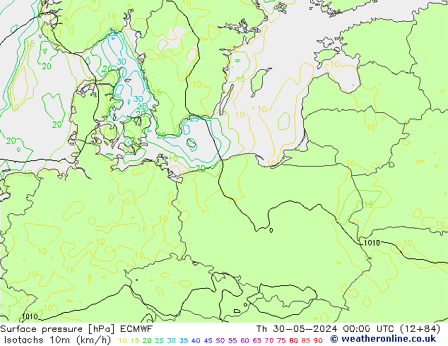 Isotachs (kph) ECMWF Qui 30.05.2024 00 UTC