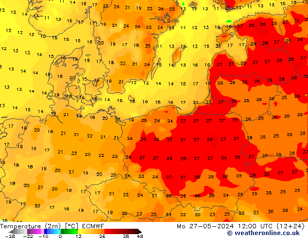 Temperature (2m) ECMWF Po 27.05.2024 12 UTC