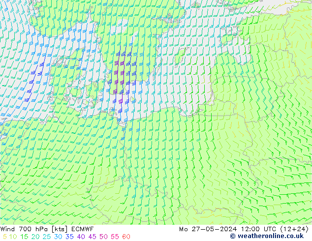 Wind 700 hPa ECMWF Po 27.05.2024 12 UTC