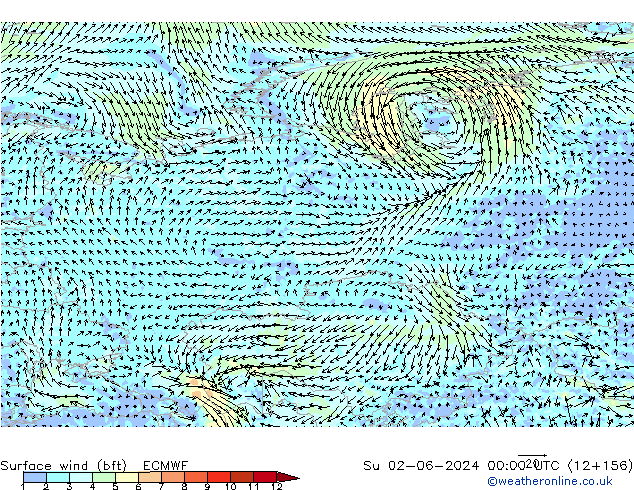 Rüzgar 10 m (bft) ECMWF Paz 02.06.2024 00 UTC