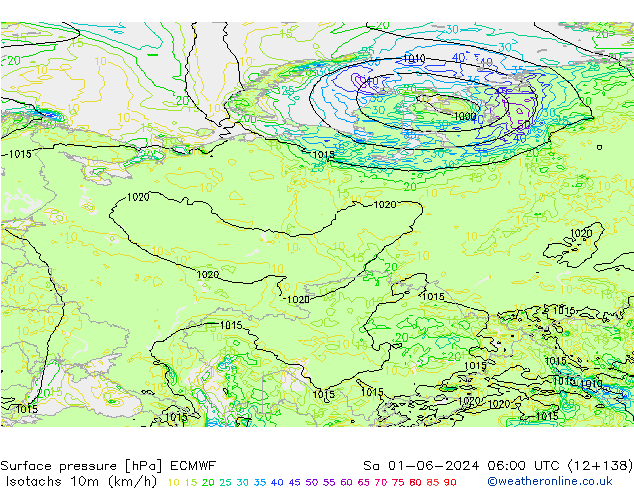 Izotacha (km/godz) ECMWF so. 01.06.2024 06 UTC