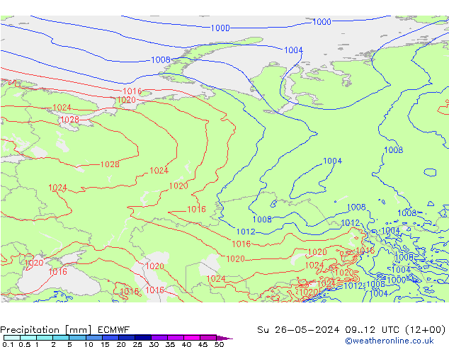 Srážky ECMWF Ne 26.05.2024 12 UTC
