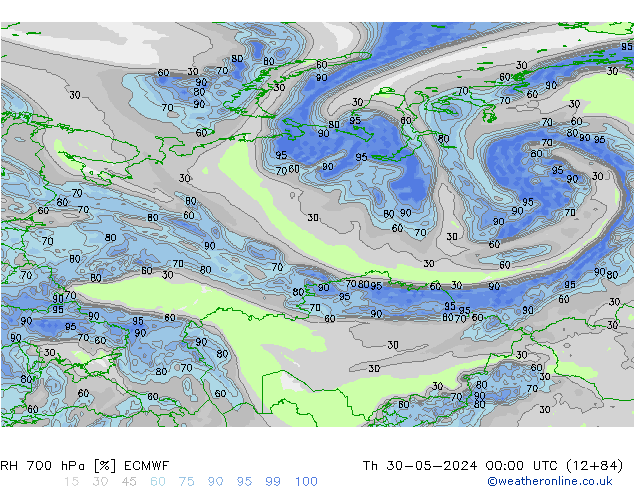 Humidité rel. 700 hPa ECMWF jeu 30.05.2024 00 UTC