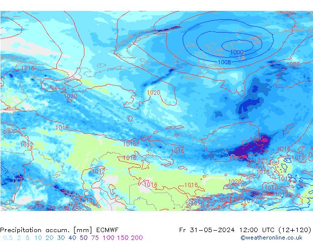 Precipitation accum. ECMWF Pá 31.05.2024 12 UTC