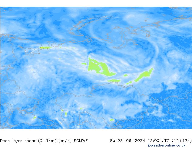 Deep layer shear (0-1km) ECMWF nie. 02.06.2024 18 UTC