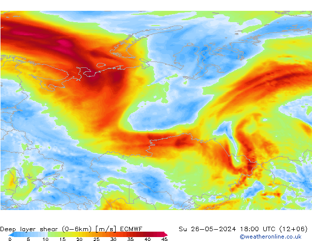 Deep layer shear (0-6km) ECMWF Su 26.05.2024 18 UTC