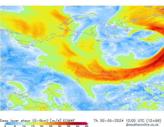 Deep layer shear (0-6km) ECMWF Čt 30.05.2024 12 UTC
