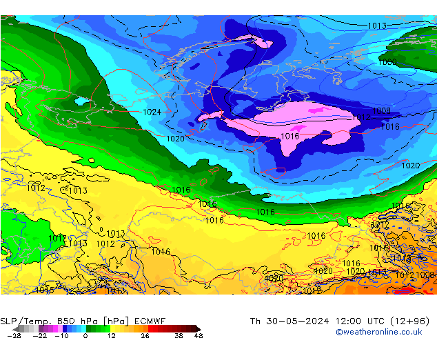 SLP/Temp. 850 hPa ECMWF Čt 30.05.2024 12 UTC