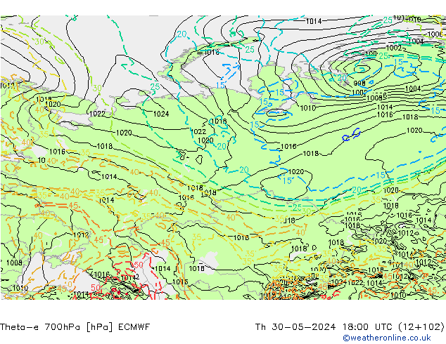 Theta-e 700hPa ECMWF Čt 30.05.2024 18 UTC