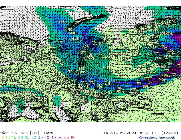 Vent 700 hPa ECMWF jeu 30.05.2024 06 UTC