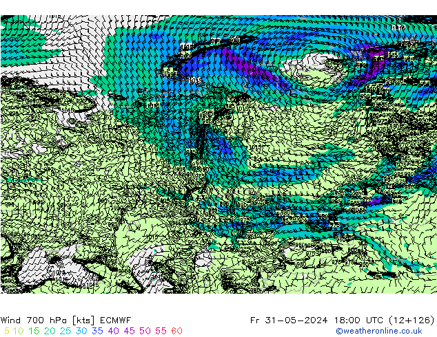 Wind 700 hPa ECMWF Fr 31.05.2024 18 UTC