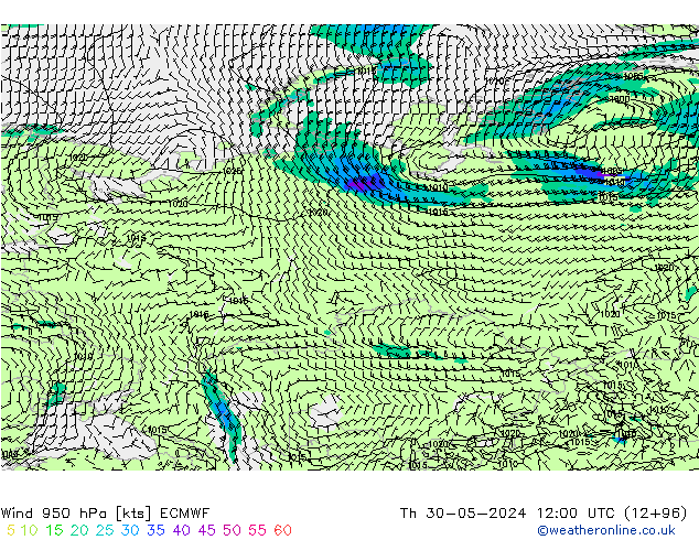 Wind 950 hPa ECMWF Čt 30.05.2024 12 UTC