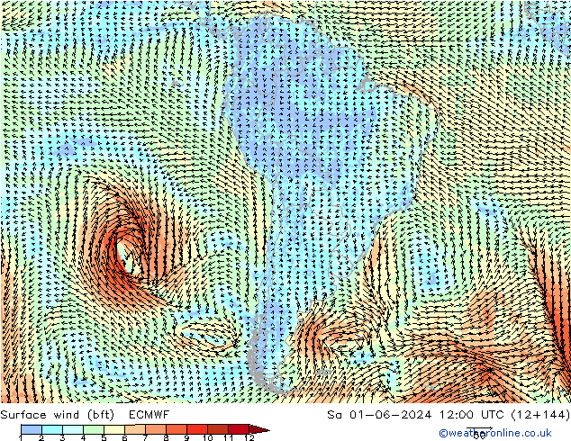 Surface wind (bft) ECMWF Sa 01.06.2024 12 UTC