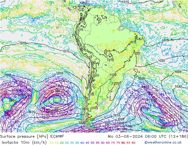 Isotaca (kph) ECMWF lun 03.06.2024 06 UTC