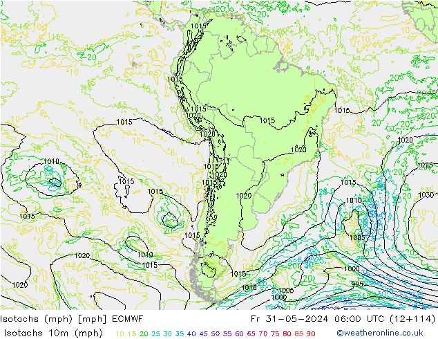 Isotachs (mph) ECMWF Pá 31.05.2024 06 UTC