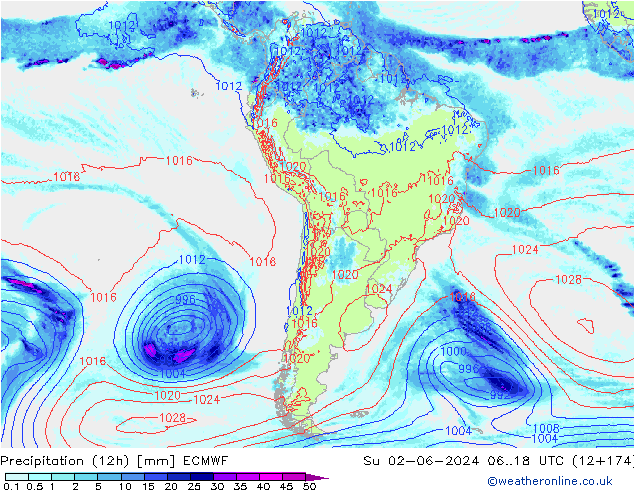 Totale neerslag (12h) ECMWF zo 02.06.2024 18 UTC