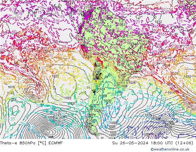 Theta-e 850hPa ECMWF zo 26.05.2024 18 UTC