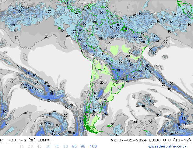 Humedad rel. 700hPa ECMWF lun 27.05.2024 00 UTC