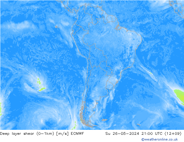 Deep layer shear (0-1km) ECMWF zo 26.05.2024 21 UTC