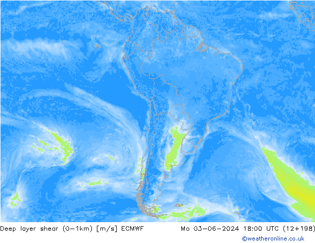 Deep layer shear (0-1km) ECMWF Seg 03.06.2024 18 UTC