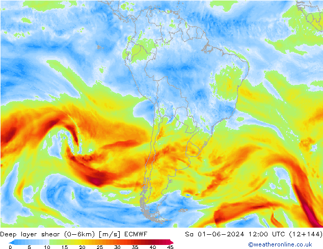 Deep layer shear (0-6km) ECMWF Sa 01.06.2024 12 UTC