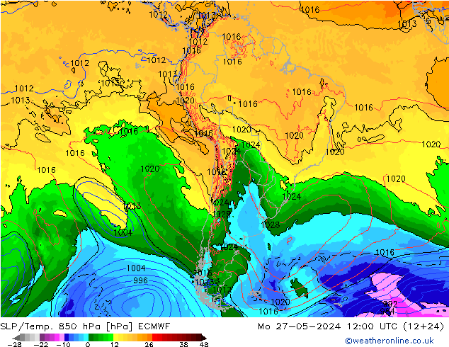 SLP/Temp. 850 hPa ECMWF Seg 27.05.2024 12 UTC