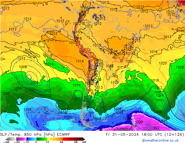 SLP/Temp. 850 hPa ECMWF Pá 31.05.2024 18 UTC