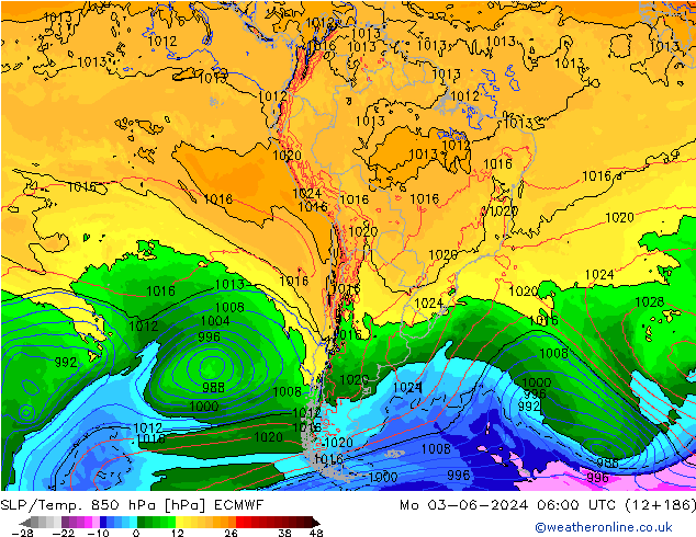 SLP/Temp. 850 hPa ECMWF lun 03.06.2024 06 UTC