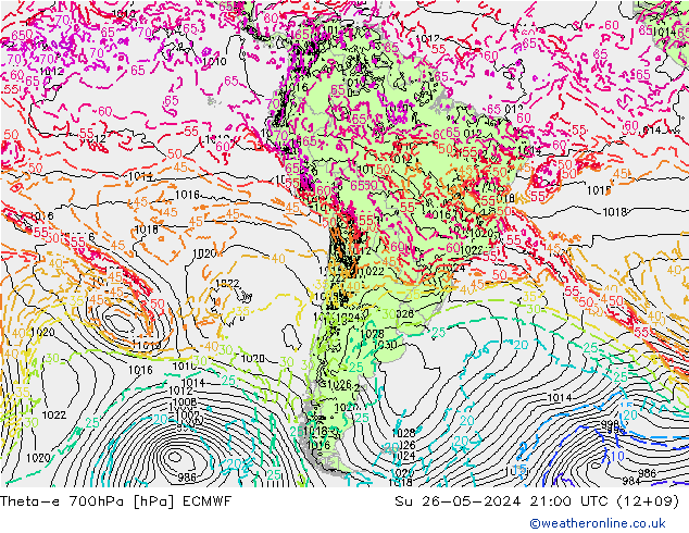 Theta-e 700hPa ECMWF nie. 26.05.2024 21 UTC