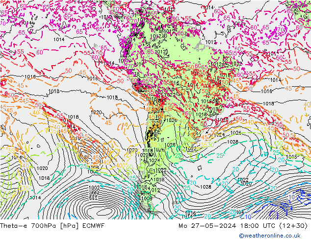 Theta-e 700hPa ECMWF lun 27.05.2024 18 UTC