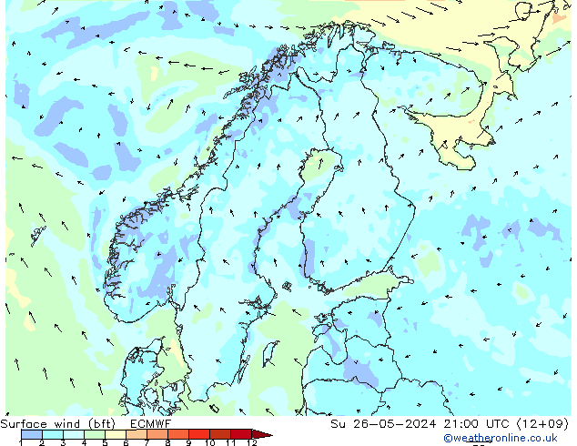 Vento 10 m (bft) ECMWF dom 26.05.2024 21 UTC