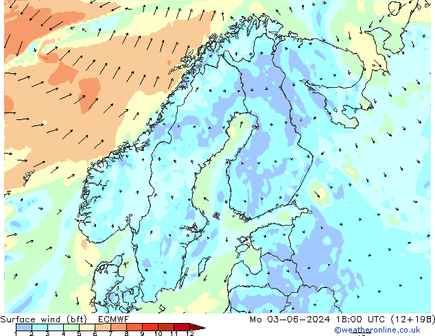 Surface wind (bft) ECMWF Mo 03.06.2024 18 UTC