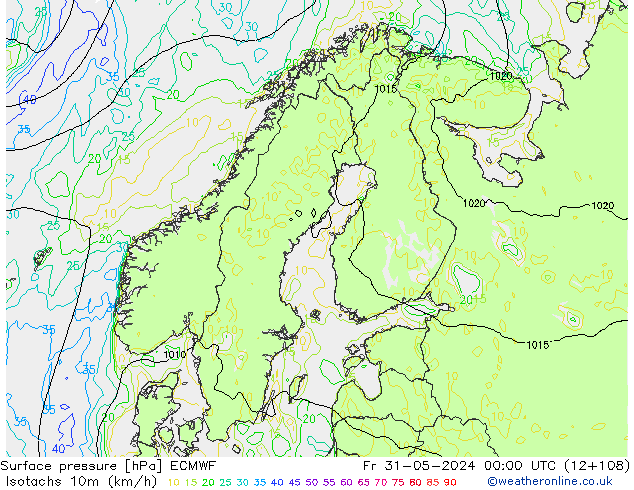 Isotachs (kph) ECMWF  31.05.2024 00 UTC