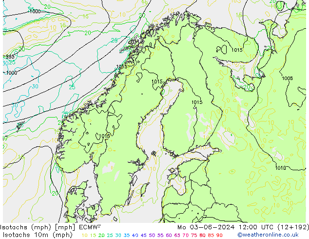 Isotachs (mph) ECMWF пн 03.06.2024 12 UTC