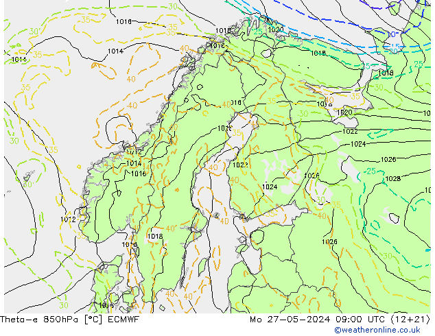 Theta-e 850hPa ECMWF pon. 27.05.2024 09 UTC