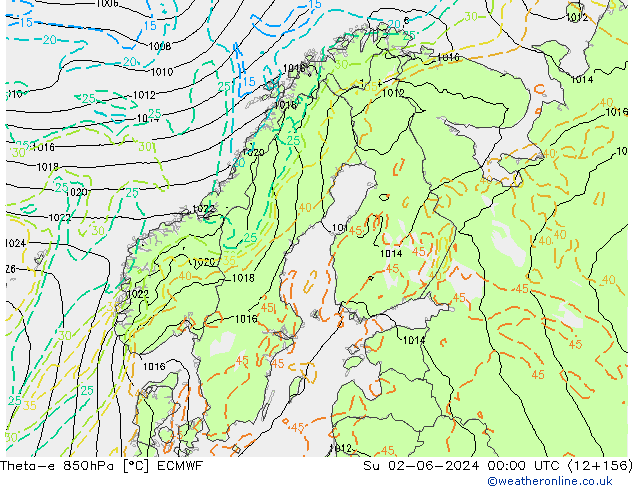 Theta-e 850hPa ECMWF Paz 02.06.2024 00 UTC