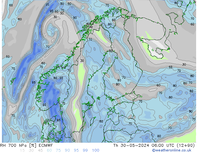 RH 700 hPa ECMWF Th 30.05.2024 06 UTC