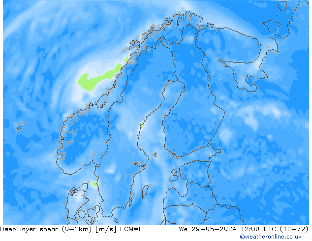 Deep layer shear (0-1km) ECMWF śro. 29.05.2024 12 UTC