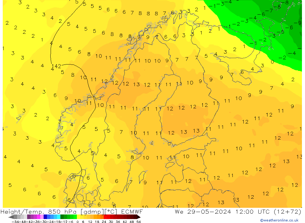 Z500/Rain (+SLP)/Z850 ECMWF mer 29.05.2024 12 UTC