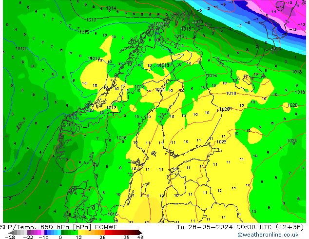 SLP/Temp. 850 hPa ECMWF di 28.05.2024 00 UTC