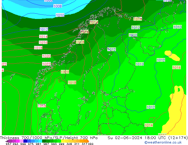 Schichtdicke 700-1000 hPa ECMWF So 02.06.2024 18 UTC