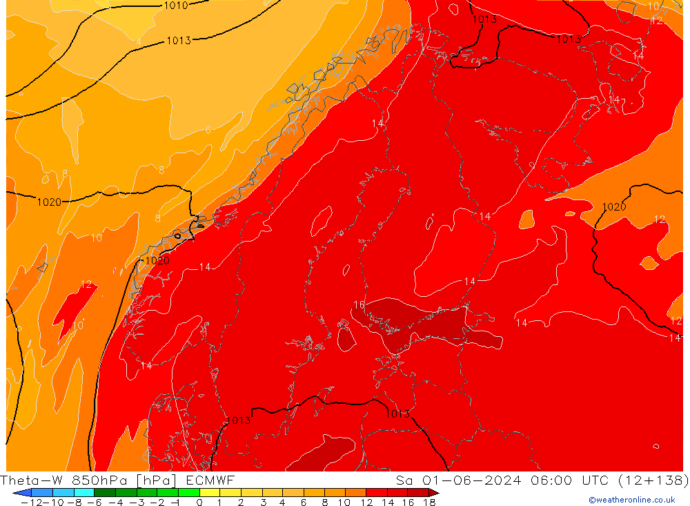 Theta-W 850hPa ECMWF za 01.06.2024 06 UTC