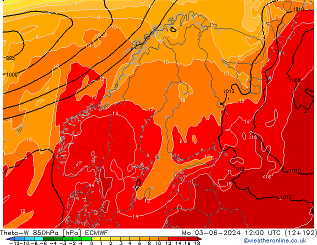 Theta-W 850hPa ECMWF Mo 03.06.2024 12 UTC