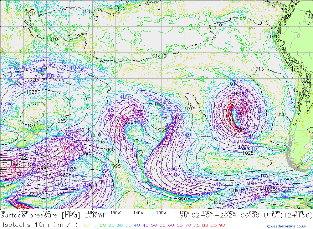 Isotachs (kph) ECMWF Su 02.06.2024 00 UTC