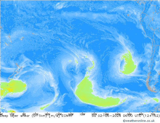 Deep layer shear (0-1km) ECMWF nie. 02.06.2024 06 UTC